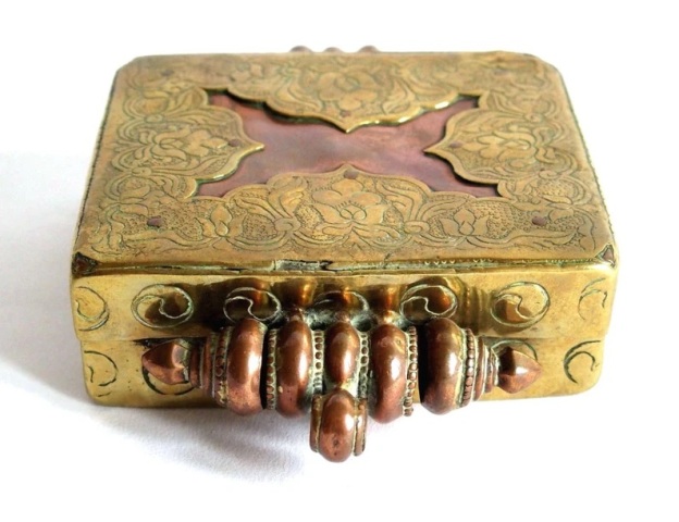 Large Tibetan Gau Box, Copper, Brass Overlay