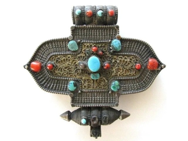 Tibetan Gau Box, Coral, Turquoise, Silver Gilt