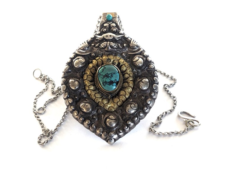 Antique Tibetan Pendant, Silver Gilt, Turquoise