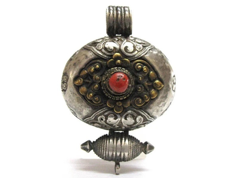Tibetan Gau Box, Silver, Coral, Brass