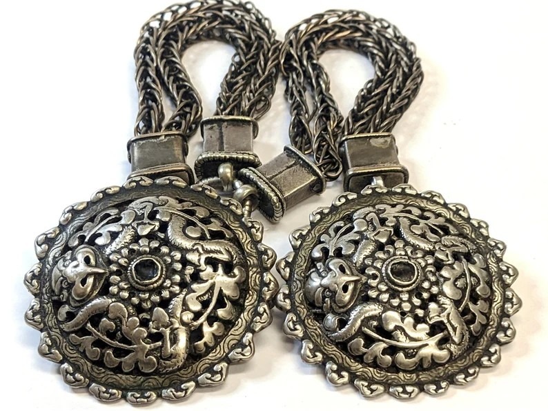 Bhutan Koma Brooch, Silver Dragon Cloak Fasteners
