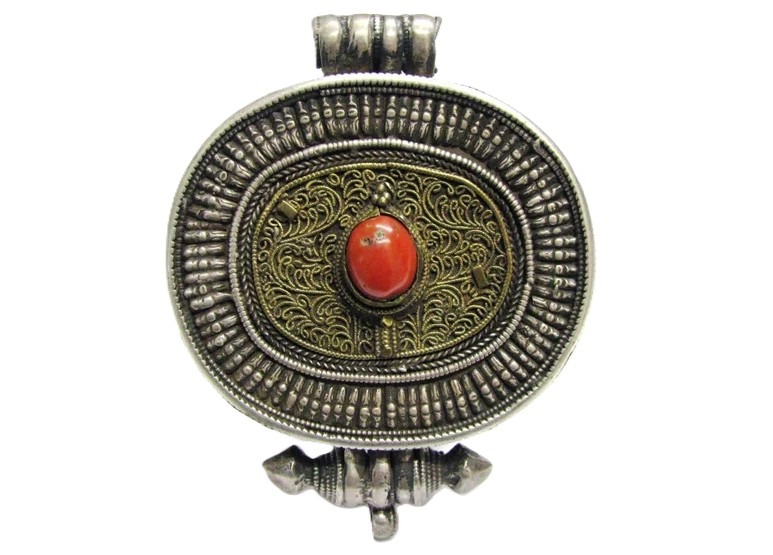 Antique Tibetan Gau Box, Silver Gilt, Filigree, Coral 